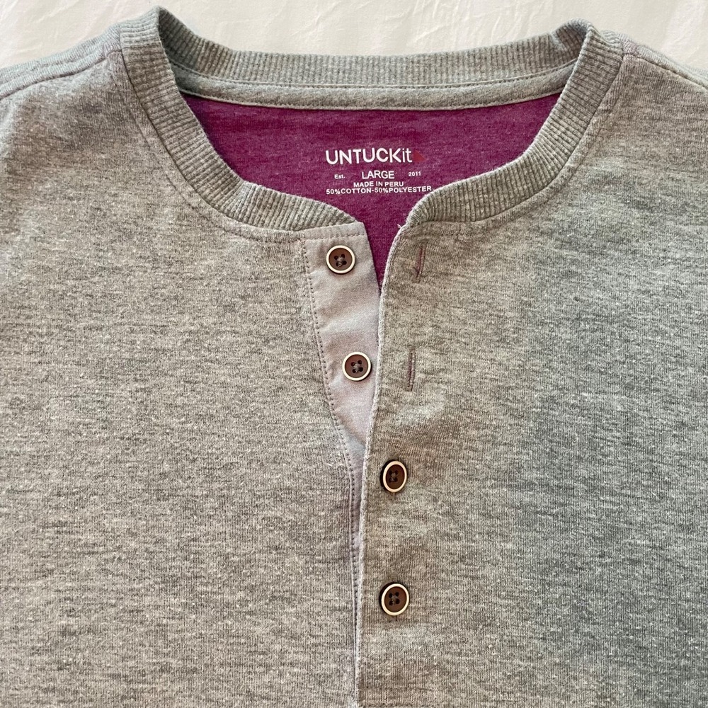 UNTUCKit Mens L Gray Plum Lined Short Sleeves Cotton Henley T Shirt Pullover